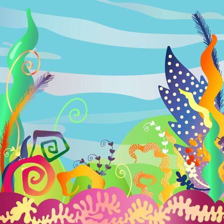 vector digital stylized illustration of a miracle landscape. Gradient is used. Design element, children goods and books, printed goods, clipart, posters.のイラスト素材