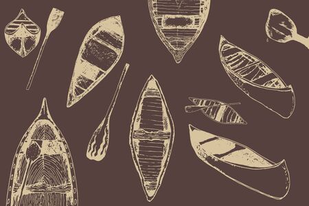 hand drawn traced collection of canoes in trendy colors.のイラスト素材