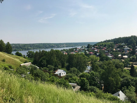 View of the city of Plyos and the Volga River from Cathedral Mountain.の写真素材