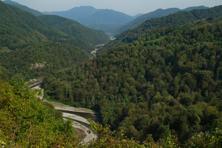 View of the peaks of the Caucasus Mountains in the vicinity of Sochi, Russia.