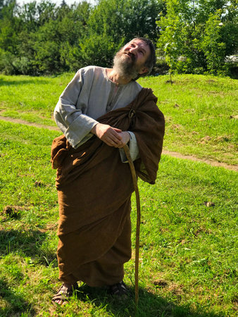 Actor in the guise of an ancient Greek philosopher on the set.
