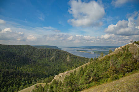 View of the Volga river from the top of the Strelnaya mountain, Zhigulevskie mountains, Russia.の写真素材