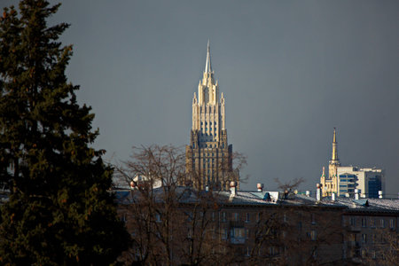 Spiers of Stalinist skyscrapers in Moscow.