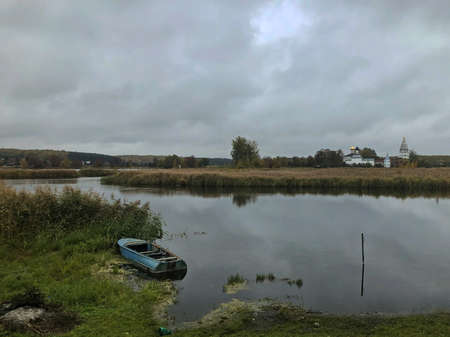 Village pier in the Oka river channel near Gorbatovの写真素材
