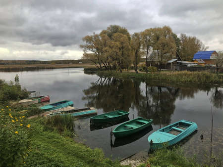 Village pier in the Oka river channel near Gorbatovの写真素材