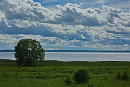 Cloudy sky over Pleshcheevo lake.の写真素材