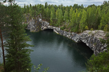 Flooded marble quarry, Ruskeala mountain park.の写真素材