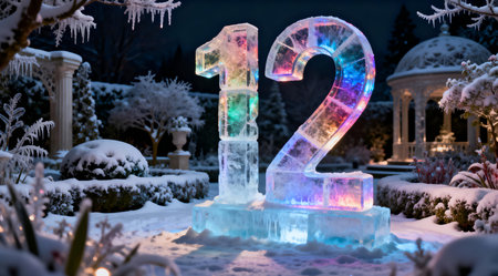 Elegant and sophisticated New Year's celebration scene with a colorful ice sculpture of the year's number in a winter garden at night. Realistic snow and frost details enhance the high-resolution image, suitable for various commercial uses.の素材