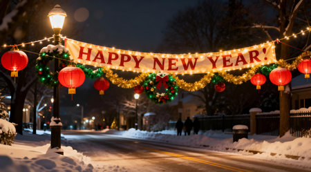 A vibrant and detailed nighttime scene of a winter street adorned with a glowing New Year's banner and colorful holiday decorations. The image exudes warmth and festivity, perfect for commercial use to evoke a sense of celebration and universal appeal.の素材