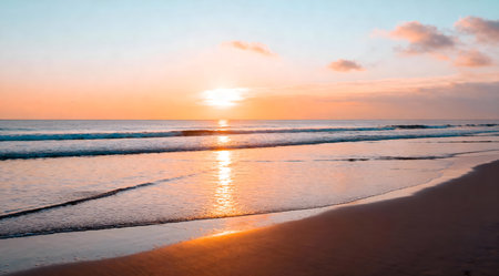 A wide-angle landscape photograph capturing a serene beach at sunset. The golden light reflects beautifully on the water, creating a peaceful and relaxing mood. Ideal for use in travel and relaxation-themed projects.の素材