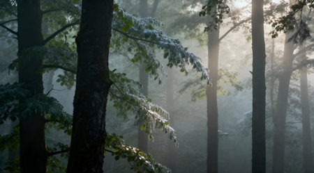 A high-quality vertical image of a misty forest at dawn, showcasing diffused light filtering through the trees. The atmosphere is mysterious and calm, with muted green and gray tones. Ideal for nature photography enthusiasts and projects needing a serene backdrop.の素材