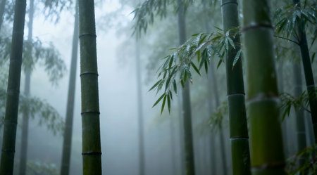 A serene vertical image of a misty morning in a bamboo forest, featuring soft diffused light and a peaceful atmosphere. The muted greens and grays enhance the tranquil landscape photography style. Ideal for backgrounds or nature-themed projects.の素材