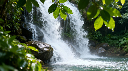 A high-quality vertical image of a waterfall surrounded by vibrant greenery, bathed in soft natural light. The scene exudes a refreshing and vibrant mood, perfect for commercial use to evoke tranquility and nature's beauty.の素材