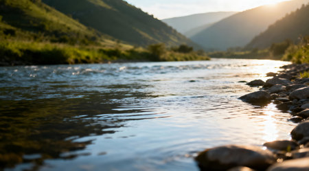 A serene wide-angle shot of a river flowing through a valley, captured in the early morning light. The image evokes a tranquil and refreshing mood with soft greens and blues. Ideal for uses related to nature, peace, and relaxation.の素材