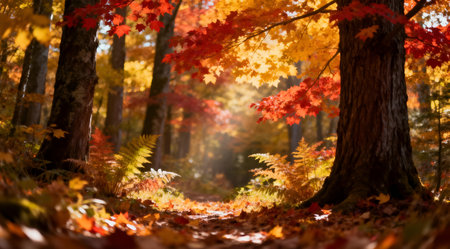 A vibrant autumn forest bathed in warm sunlight filtering through colorful leaves. The vertical composition captures a rich palette of reds, oranges, and yellows, creating an inviting atmosphere. Ideal for nature-themed projects and seasonal promotions.の素材