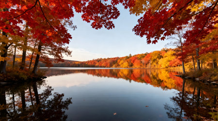 A serene lake surrounded by vibrant autumn foliage, captured in soft natural lighting. This wide-angle shot evokes a tranquil and warm mood, ideal for nature and travel themes.の素材