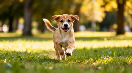 A joyful puppy playing in a vibrant summer park with lush green grass. The image captures a cheerful and bright atmosphere in natural daylight, perfect for pet photography.の素材