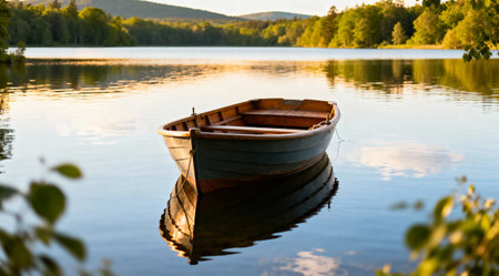 A high-quality summer landscape photo featuring a serene lake with a boat. The image is bright and inviting, perfect for professional outdoor photography. Ideal for use in travel and leisure contexts.の素材
