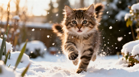A cheerful kitten playing in a winter garden covered with snow, captured in natural daylight. The image exudes a bright and playful mood, perfect for pet photography and winter-themed projects.の素材