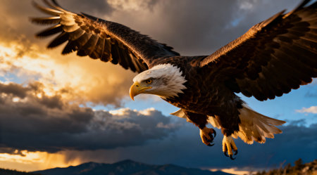 A powerful image of a majestic eagle soaring dynamically against a dramatic sky. This wildlife photography captures the essence of freedom and strength. Ideal for use in nature-themed projects and wildlife conservation campaigns.の素材