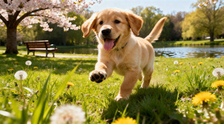 A joyful puppy playing on lush green grass in a summer park, captured in natural daylight. The image exudes cheerfulness and is perfect for pet-related content and summer themes.の素材