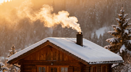 A professional winter landscape photo featuring a warm and inviting cabin surrounded by snow. The golden hour lighting enhances the cozy atmosphere, perfect for holiday and winter-themed projects.の素材