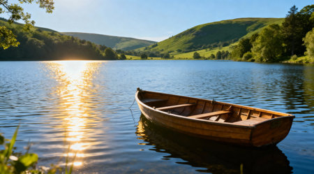 A high-quality summer landscape photo featuring a serene lake with a boat. The image is bright and inviting, perfect for professional outdoor photography. Ideal for use in travel and leisure contexts.の素材