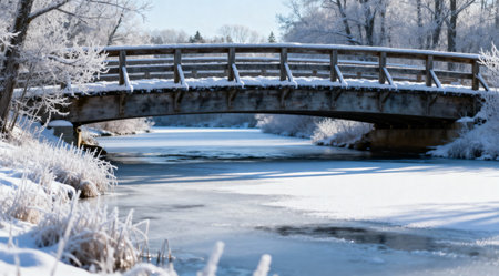 A high-quality stock photo capturing a serene winter landscape featuring a snow-covered bridge spanning a frozen river. The image conveys a cool and crisp atmosphere, ideal for professional outdoor photography. Perfect for use in winter-themed projects and nature-related content.の素材