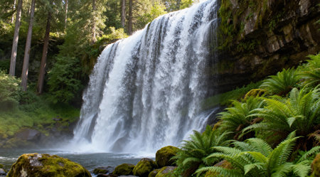A professional nature photo capturing a majestic waterfall surrounded by lush greenery. The image conveys a dynamic and refreshing atmosphere, perfect for landscape photography enthusiasts. Ideal for use in travel and nature-themed projects.の素材