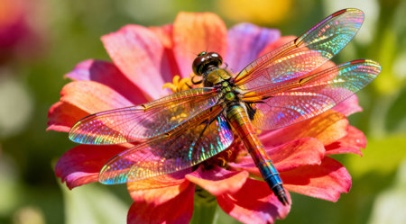 A high-quality spring photo featuring a colorful dragonfly perched on a vibrant flower. This close-up, professional macro shot captures a bright and cheerful mood, ideal for nature and wildlife themes.の素材
