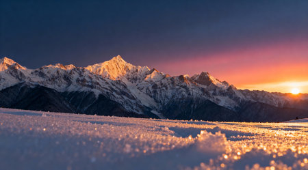 A professional winter landscape photograph capturing a snow-covered mountain range at sunrise. The image features a harmonious blend of warm and cool tones, creating a serene and majestic mood. Ideal for use in travel and nature-themed projects.の素材