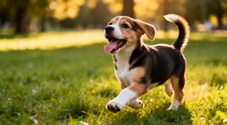 A joyful puppy playing on lush green grass in a summer park, captured in natural daylight. The image exudes a cheerful and bright mood, perfect for pet photography and lifestyle content.の素材