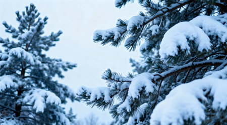 A high-quality commercial image of a winter landscape featuring snow-covered pine trees under an overcast sky. The composition is crisp and clean, with cool blue and white tones creating a serene mood. Ideal for use in seasonal promotions, travel, and nature-related content.の素材