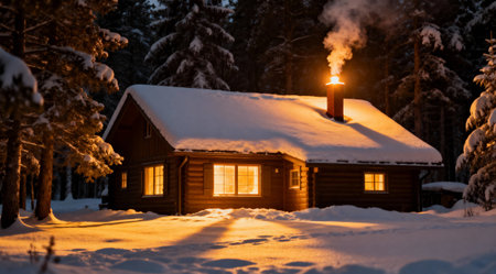 A professional winter landscape photo featuring a warm and inviting cabin surrounded by snow. The golden hour lighting enhances the cozy atmosphere, ideal for holiday and winter-themed projects.の素材