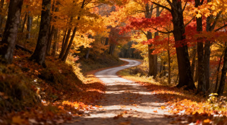 A tranquil autumn forest scene featuring a path covered in vibrant fallen leaves. The image captures the warm and rich colors of the season under natural daylight, ideal for conveying peace and nature's beauty.の素材