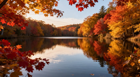 A serene autumn lake surrounded by vibrant foliage, captured during the golden hour. The image exudes peace and tranquility, perfect for nature and landscape photography. Ideal for use in commercial projects needing a calming natural backdrop.の素材