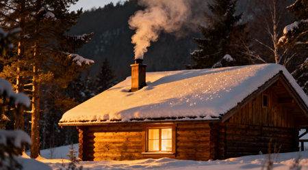 A professional winter landscape photo featuring a cozy cabin enveloped in snow, bathed in the warm glow of golden hour. The image evokes a sense of warmth and invitation, ideal for use in travel and leisure contexts.の素材