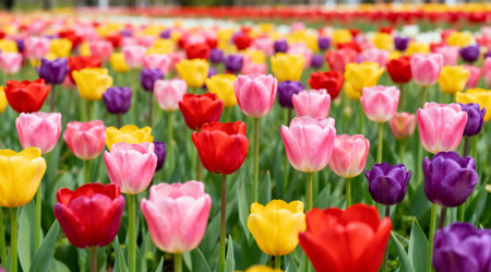 A colorful tulip field in full bloom, captured in natural daylight. The image exudes a vibrant and cheerful mood, perfect for spring-themed commercial use. The floral photography style highlights the beauty and diversity of the tulips.の素材