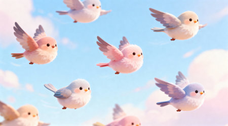 An abstract digital illustration of adorable cartoon birds soaring in a whimsical sky filled with soft pastel colors. The image evokes a light and dreamy mood, perfect for backgrounds or children's media.の素材