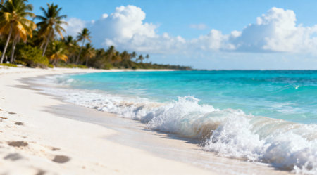 This high-quality stock photo captures a vibrant summer beach scene, featuring clear blue water and pristine white sand under a bright, sunny sky. The image is styled for travel photography, evoking feelings of relaxation and adventure. Ideal for use in travel brochures, websites, and promotional materials.の素材
