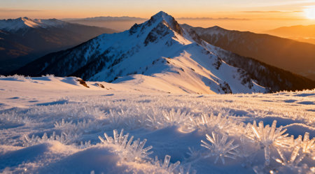 A professional winter landscape photo capturing a snow-covered mountain range at sunrise. The image features a harmonious blend of warm and cool tones, ideal for conveying tranquility and natural beauty. Perfect for use in travel, nature, and seasonal promotions.の素材