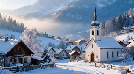 This image captures a serene winter village featuring quaint houses and a church blanketed in snow, bathed in soft morning light. The composition exudes tranquility with a fantasy-like winter scene, ideal for holiday cards, seasonal advertisements, or as a peaceful backdrop in home decor. The cool palette of blues and whites enhances the idyllic mood. AI-generated illustration.の素材