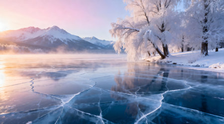 An enchanting early morning view of a fantasy winter landscape, featuring a serene frozen lake surrounded by snow-laden trees. The composition bathes in cool whites and blues, evoking a mystical and peaceful mood. Ideal for use in holiday-themed media, nature documentaries, or as a serene backdrop in design projects. AI-generated illustration.の素材