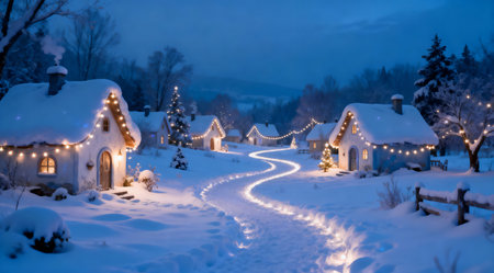 A fantasy winter scene depicts a charming village nestled in a snowy landscape, bathed in the soft glow of twilight. The composition exudes a serene and magical mood, enhanced by cool blue and white colors that create a dreamy atmosphere. Ideal for holiday-themed designs, fantasy book covers, or seasonal marketing campaigns. AI-generated illustration.の素材