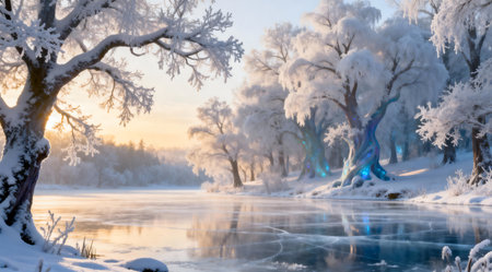 This enchanting image captures a serene winter landscape featuring a frozen lake surrounded by snow-laden trees, bathed in the soft glow of early morning light. The composition evokes a mystical fantasy setting with a peaceful mood, enhanced by cool whites and subtle blues. Ideal for use in seasonal promotions, holiday themes, or as a backdrop for winter-themed narratives. AI-generated illustration.の素材