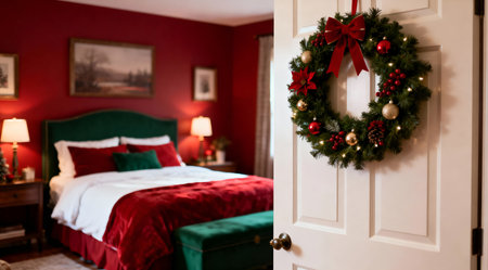 This image showcases a warm and inviting bedroom decorated for the holidays, featuring a lush Christmas wreath on the door. Soft ambient lighting enhances the comforting mood, with deep reds and greens creating a festive atmosphere. Ideal for holiday home decor inspiration or seasonal marketing campaigns. AI-generated illustration.の素材