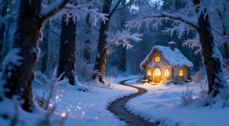 A twilight scene depicting a serene winter forest with a winding path leading to a mystical fairy house that emits a soft glow. The composition is enchanting, filled with cool blues and whites, creating a magical and tranquil mood. Ideal for fantasy-themed book covers, holiday decorations, or as a backdrop in digital storytelling. AI-generated illustration.の素材