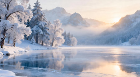 This image captures an early morning view of a mystical winter landscape, featuring a serene frozen lake surrounded by snow-covered trees. The composition uses cool whites and blues to create an enchanting and peaceful mood, ideal for holiday-themed designs or fantasy book covers. AI-generated illustration.の素材