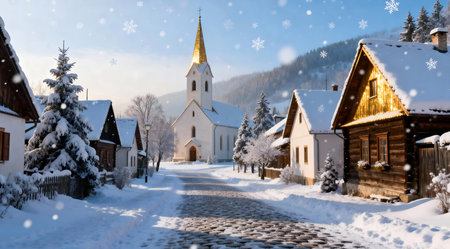 A charming fantasy winter village depicted with quaint houses and a central snowy church, bathed in soft morning light. The tranquil composition uses cool blues and whites to create a peaceful and idyllic mood, ideal for holiday cards, winter-themed advertisements, or as a serene backdrop in media projects. AI-generated illustration.の素材