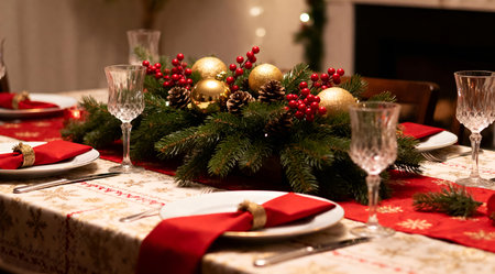 A beautifully set holiday table featuring a centerpiece adorned with rich reds and greens, surrounded by elegant dinnerware. The soft indoor lighting enhances the warm and inviting atmosphere, ideal for showcasing holiday celebrations or festive dining experiences. Perfect for use in seasonal advertisements or editorial content. AI-generated illustration.の素材